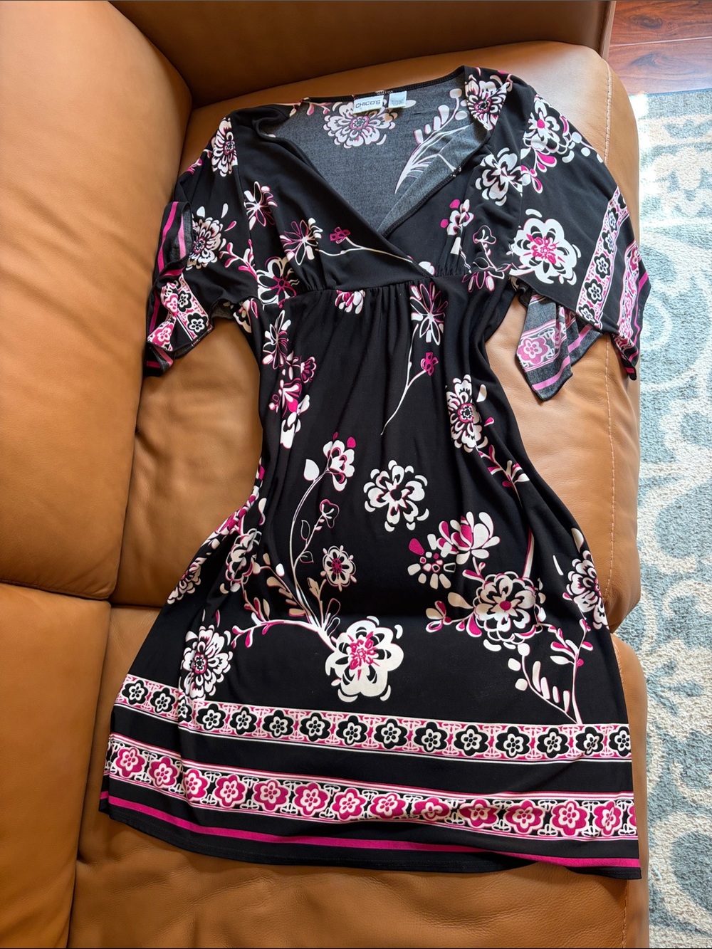Chico's Black Floral V-Neck Dress with Pink & White Accents